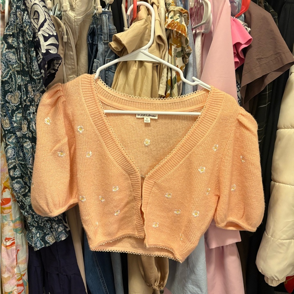 Peach Puff Sleeve Cardigan with Floral Embroidery - For Love and Lemons M